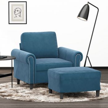 vidaXL Fotoliu canapea cu taburet, albastru, 60 cm, catifea