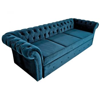 Canapea Extensibila Chesterfield, 250x100x75cm, 3 locuri, Velutto 11 Blue, Glasspandoor