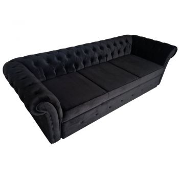 Canapea Extensibila Chesterfield, 250x100x75cm, 3 locuri, Velutto 20 Black, Glasspandoor