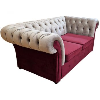 Canapea Fixa Chesterfield, 200x100x75cm, 2 locuri, Velutto 02 Beige & 07 Dark Red, Glasspandoor