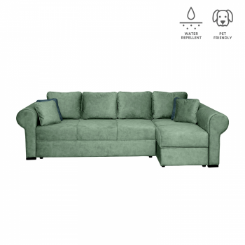 Coltar SEUL XL extensibil, cu arcuri si lada depozitare, colt dreapta, verde, 290x145x95 cm