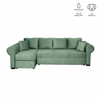 Coltar SEUL XL extensibil, cu arcuri si lada depozitare, colt stanga, verde, 290x145x95 cm