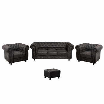 Set CHESTERFIELD 3-1-1, canapea  extensibila 3 locuri si 2 fotolii fixe, negru + 1 Taburet Cadou