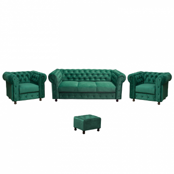 Set CHESTERFIELD 3-1-1, canapea  extensibila 3 locuri si 2 fotolii fixe, verde + 1 Taburet Cadou