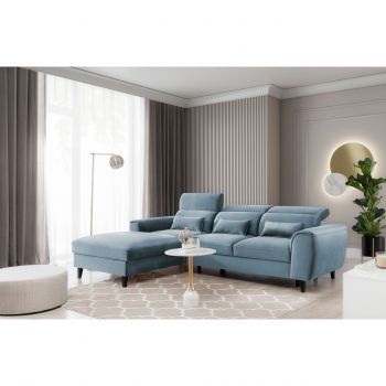 Coltar extensibil stanga 4 locuri ELTAP, Foble, 267x196x100 cm, lemn/poliester, albastru deschis Coltar extensibil stanga 4 locuri ELTAP, Foble, 267x196x100 cm, lemn/poliester, albastru deschis